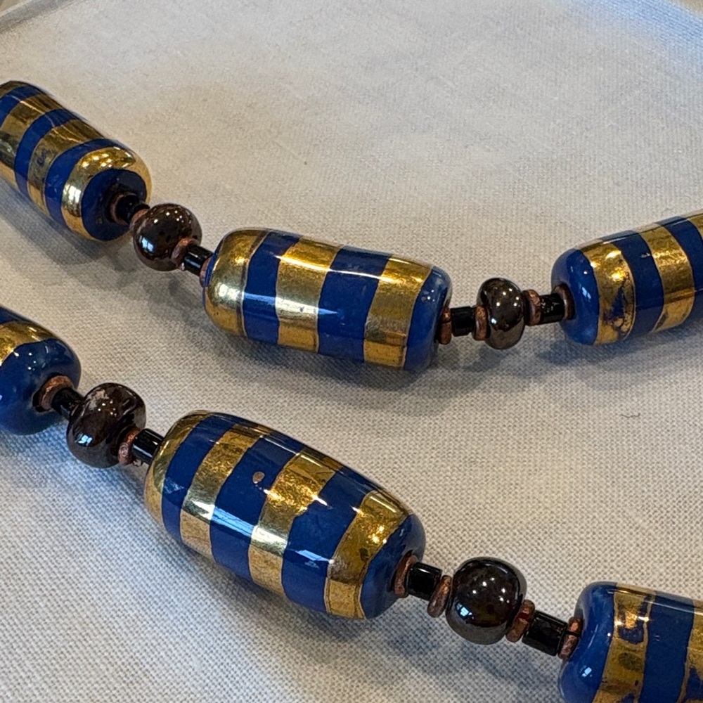 Egyptian Striped Blue and Gold Beaded Necklace - Picture 2 of 2